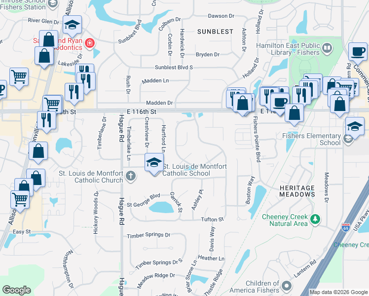 map of restaurants, bars, coffee shops, grocery stores, and more near 7701 Raleigh Lane in Fishers