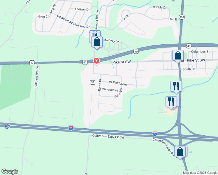 map of restaurants, bars, coffee shops, grocery stores, and more near 128 Winesap Street in Pataskala