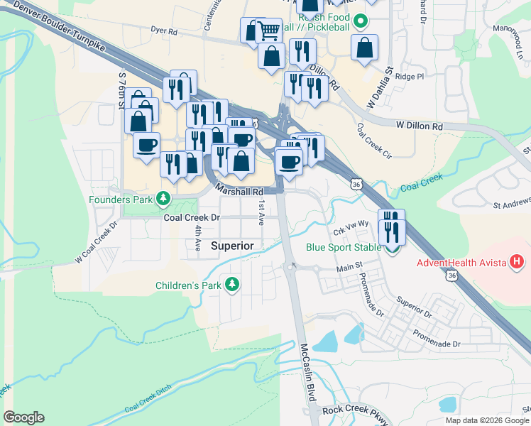 map of restaurants, bars, coffee shops, grocery stores, and more near 121 East Coal Creek Drive in Superior