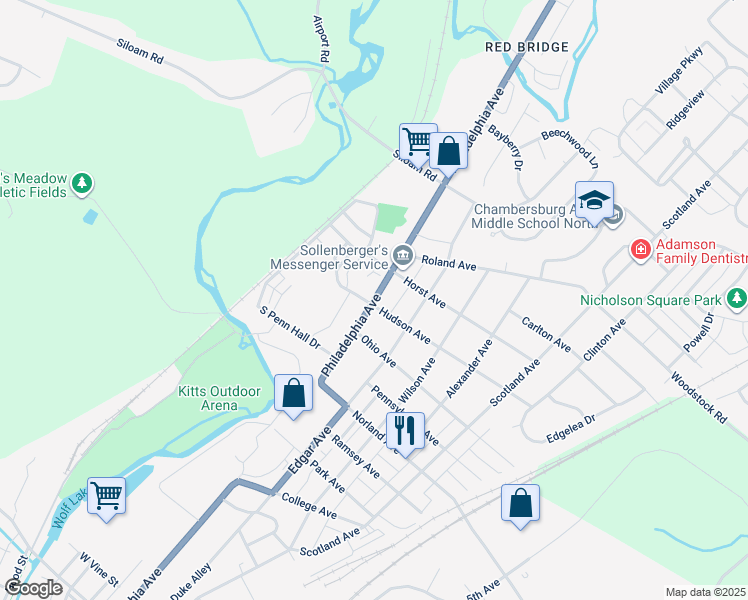 map of restaurants, bars, coffee shops, grocery stores, and more near 1604 Philadelphia Avenue in Chambersburg