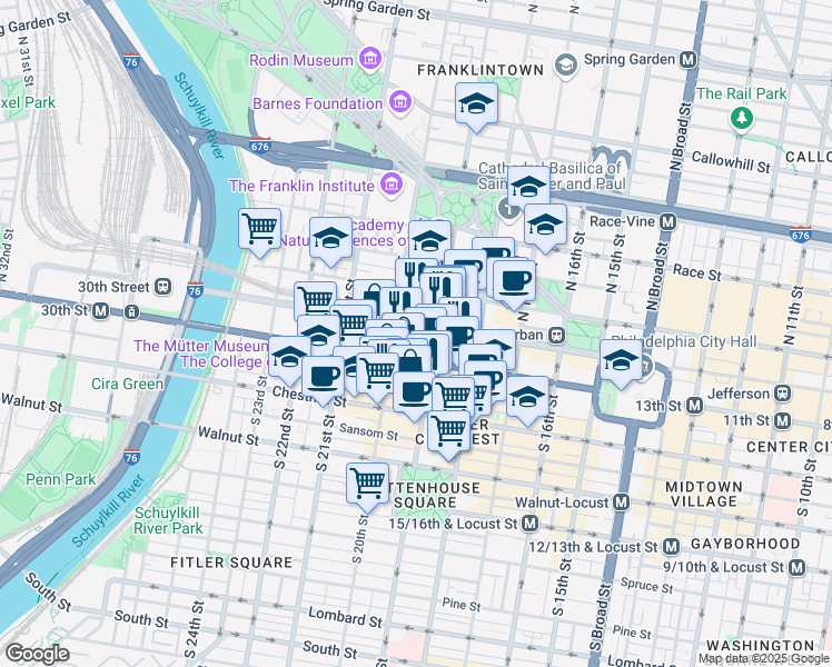 map of restaurants, bars, coffee shops, grocery stores, and more near 1900 Market Street in Philadelphia