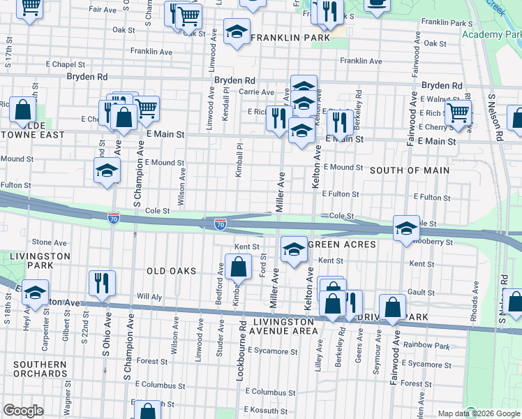 map of restaurants, bars, coffee shops, grocery stores, and more near 1366 Cole Street in Columbus