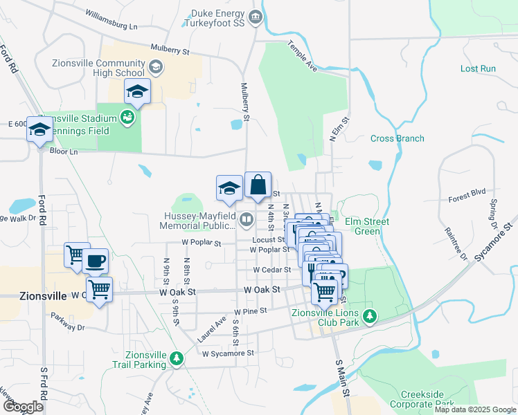 map of restaurants, bars, coffee shops, grocery stores, and more near 315 North 5th Street in Zionsville