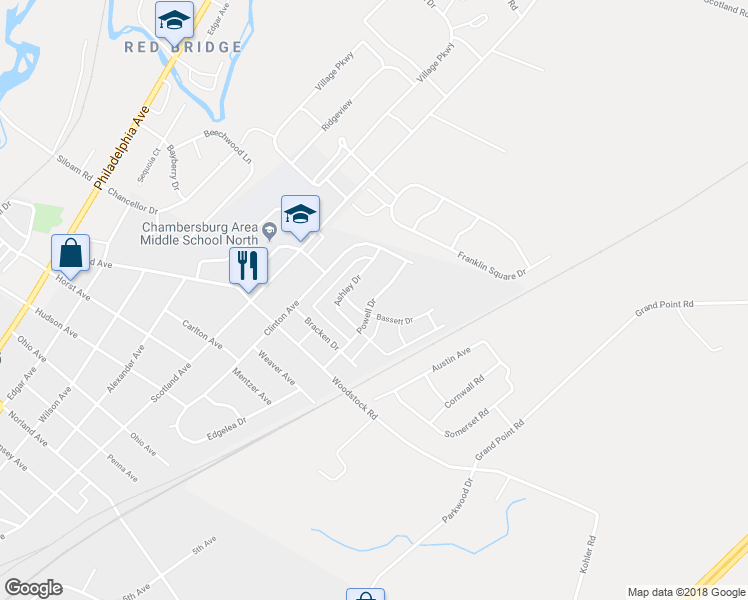 map of restaurants, bars, coffee shops, grocery stores, and more near 2027 Powell Drive in Chambersburg