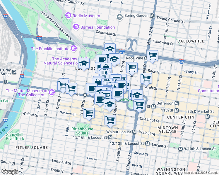 map of restaurants, bars, coffee shops, grocery stores, and more near 1617 John F Kennedy Boulevard in Philadelphia