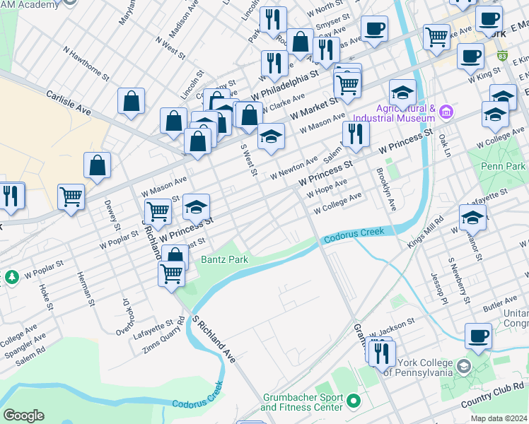map of restaurants, bars, coffee shops, grocery stores, and more near 600 Salem Avenue in York