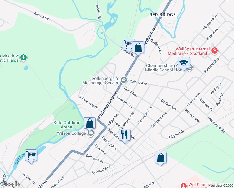 map of restaurants, bars, coffee shops, grocery stores, and more near 1604 Philadelphia Avenue in Chambersburg
