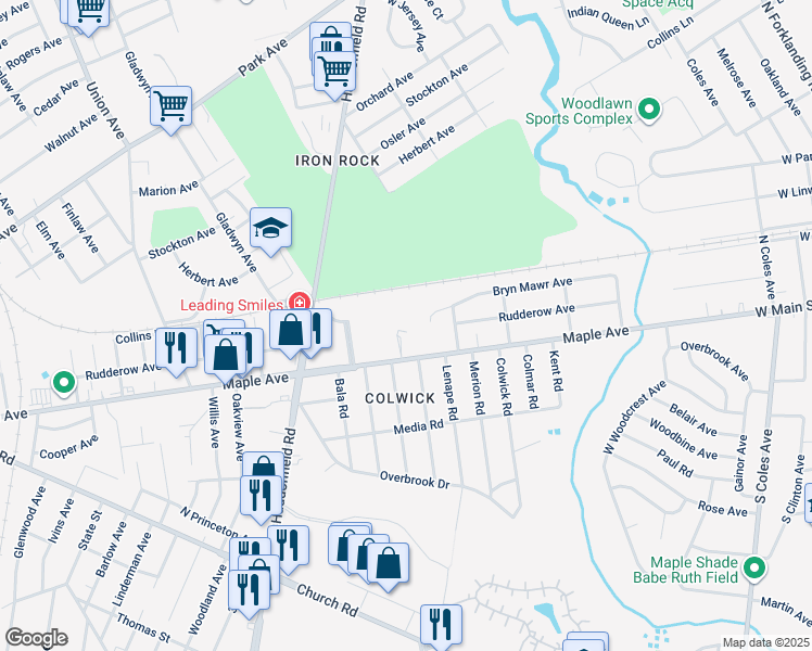 map of restaurants, bars, coffee shops, grocery stores, and more near 122 Avignon Way in Pennsauken