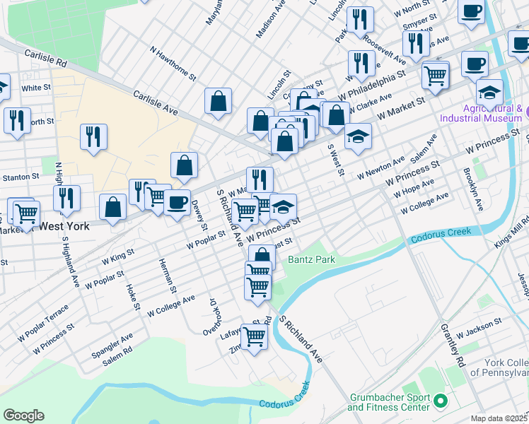 map of restaurants, bars, coffee shops, grocery stores, and more near 835 West Poplar Street in York