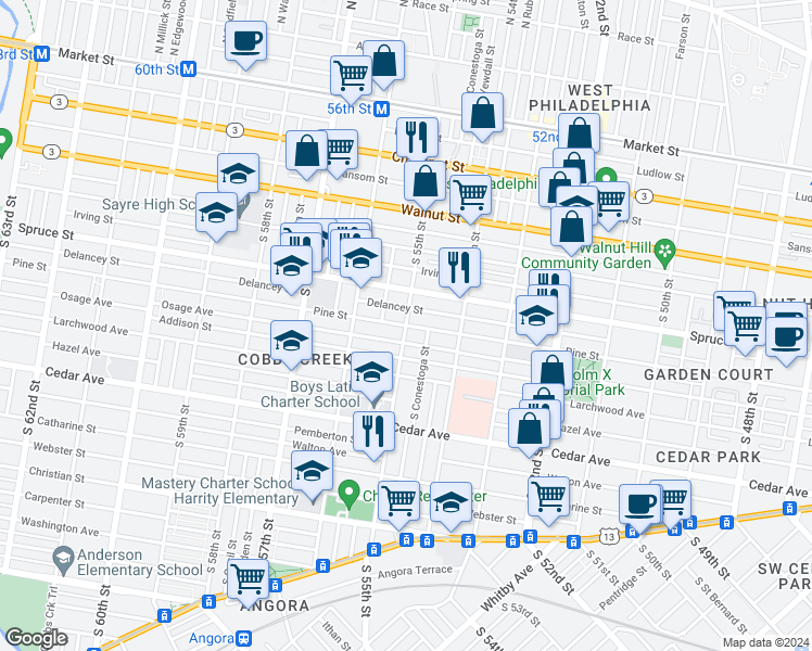 map of restaurants, bars, coffee shops, grocery stores, and more near 5500 Pine Street in Philadelphia