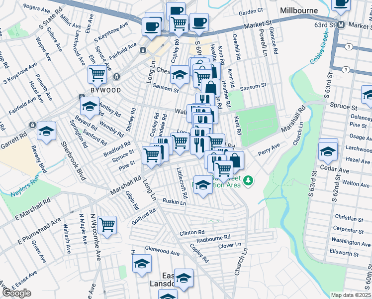 map of restaurants, bars, coffee shops, grocery stores, and more near 345 Maypole Road in Upper Darby
