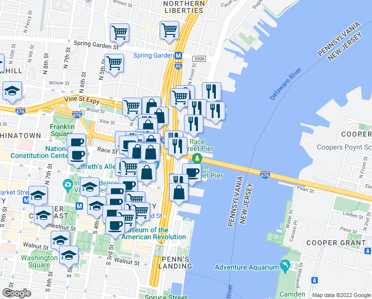 map of restaurants, bars, coffee shops, grocery stores, and more near 235 North Christopher Columbus Boulevard in Philadelphia