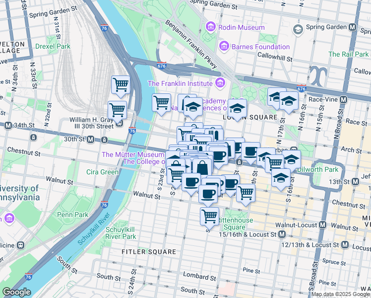 map of restaurants, bars, coffee shops, grocery stores, and more near 2101 Market Street in Philadelphia