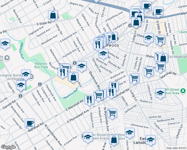 map of restaurants, bars, coffee shops, grocery stores, and more near 245 Sherbrook Boulevard in Delaware County