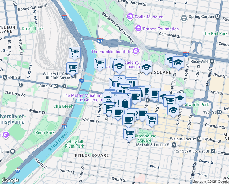 map of restaurants, bars, coffee shops, grocery stores, and more near 2121 Market Street in Philadelphia