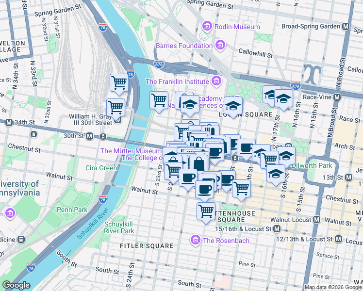 map of restaurants, bars, coffee shops, grocery stores, and more near 2121 Market Street in Philadelphia