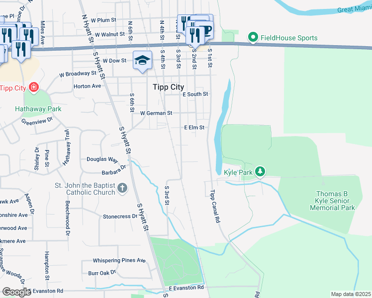 map of restaurants, bars, coffee shops, grocery stores, and more near 616 South 3rd Street in Tipp City