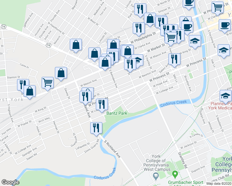 map of restaurants, bars, coffee shops, grocery stores, and more near 711 West Princess Street in York