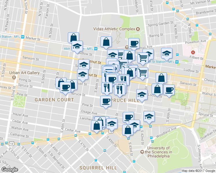 map of restaurants, bars, coffee shops, grocery stores, and more near 230 South 45th Street in Philadelphia