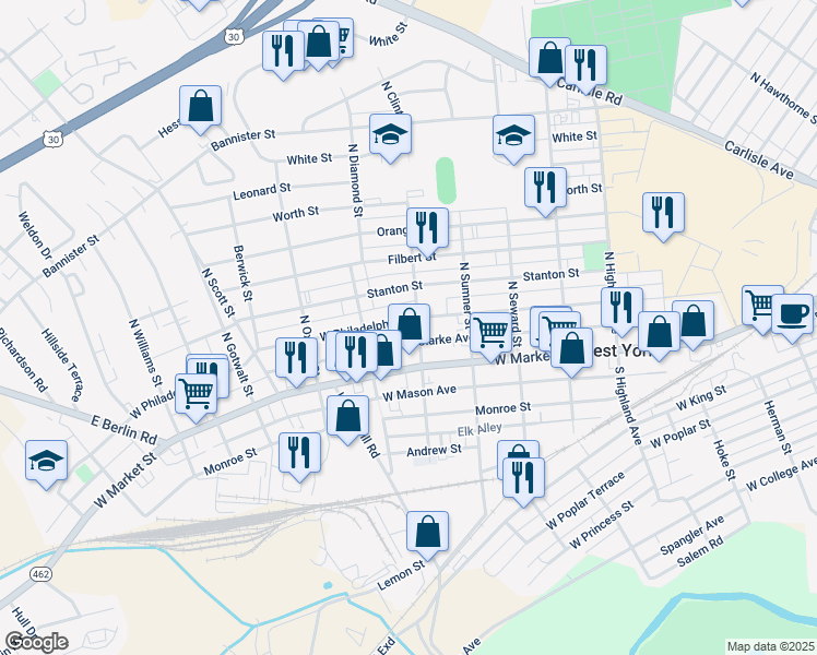 map of restaurants, bars, coffee shops, grocery stores, and more near 48 North Clinton Street in York