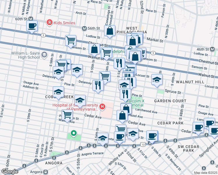 map of restaurants, bars, coffee shops, grocery stores, and more near 5336 Delancey Street in Philadelphia