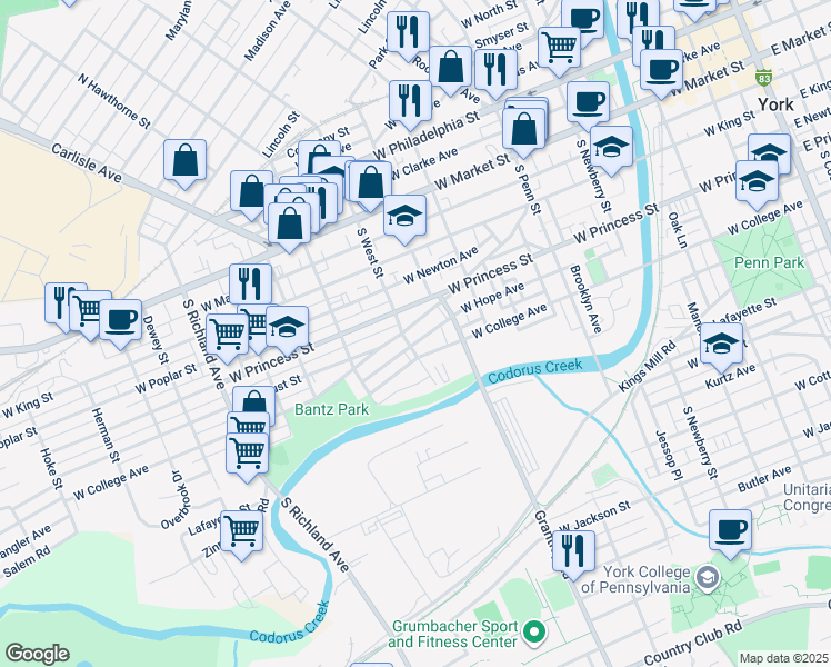 map of restaurants, bars, coffee shops, grocery stores, and more near 580 Salem Avenue in York