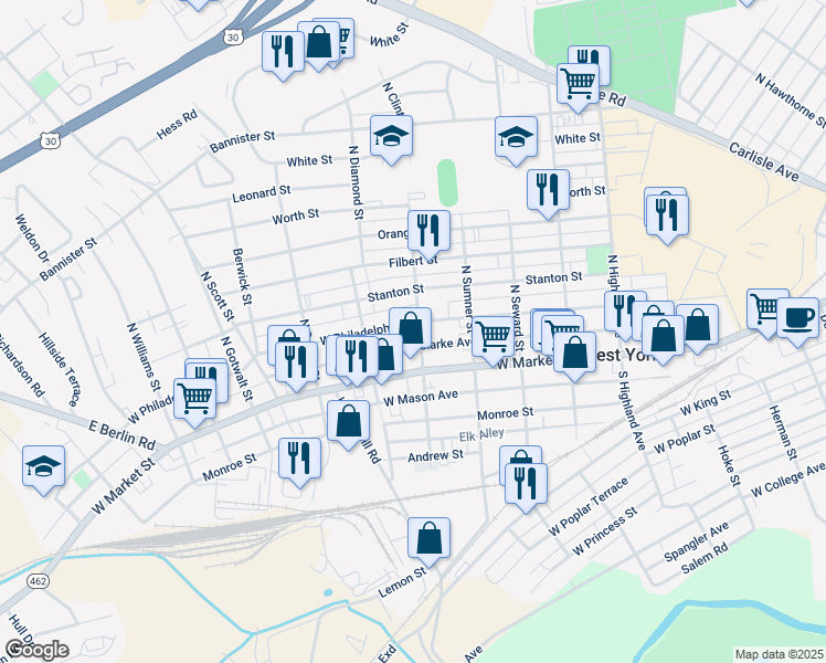 map of restaurants, bars, coffee shops, grocery stores, and more near 48 North Clinton Street in York