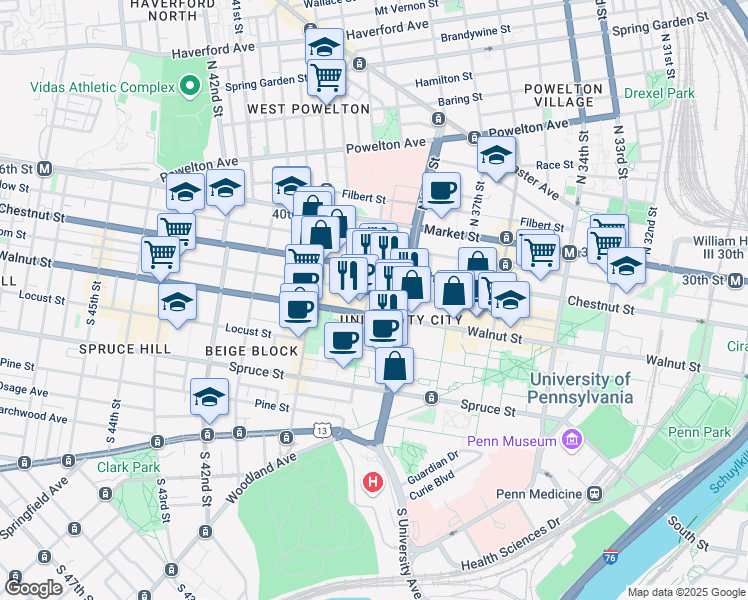 map of restaurants, bars, coffee shops, grocery stores, and more near 123 South 39th Street in Philadelphia