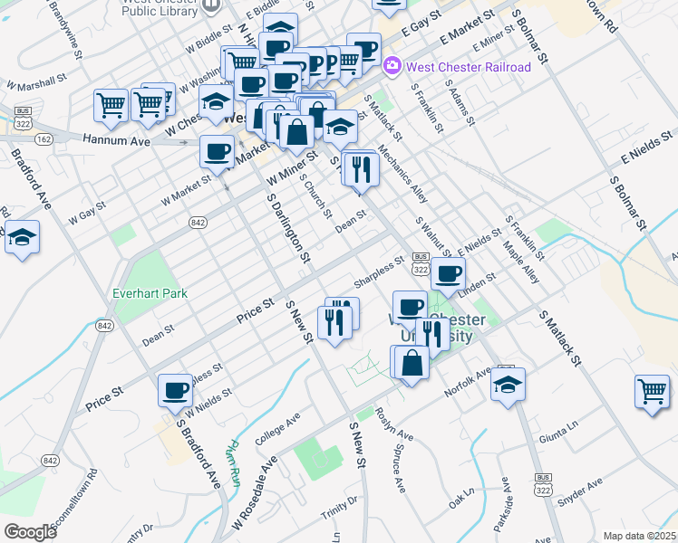 map of restaurants, bars, coffee shops, grocery stores, and more near 136 Juniper Alley in West Chester