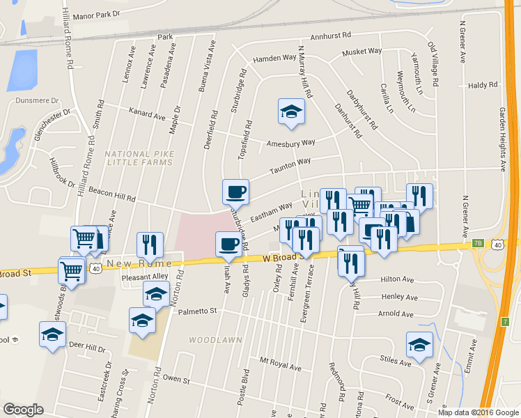 map of restaurants, bars, coffee shops, grocery stores, and more near 4982 Eastham Way in Columbus