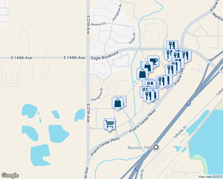map of restaurants, bars, coffee shops, grocery stores, and more near 14208 South 27th Avenue in Brighton