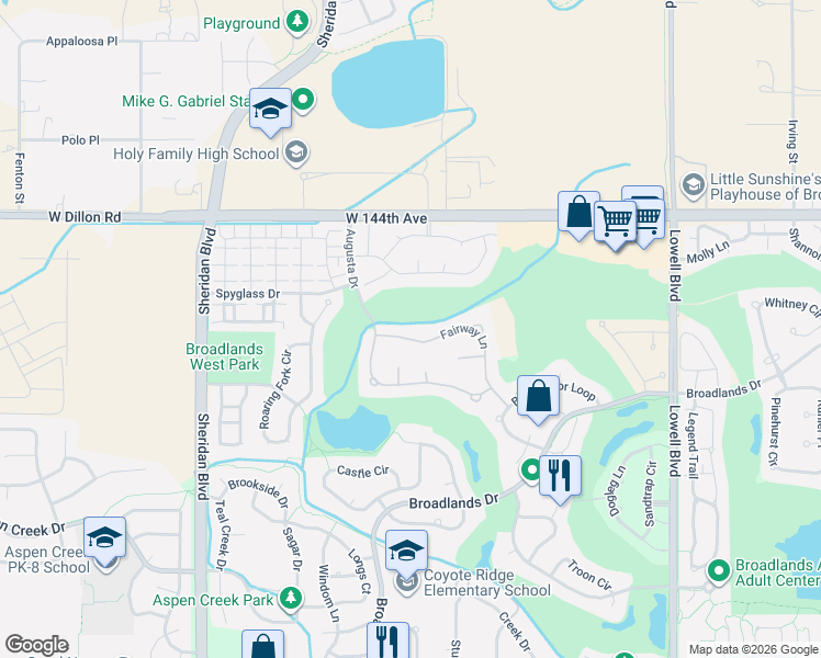 map of restaurants, bars, coffee shops, grocery stores, and more near 4514 Fairway Lane in Broomfield