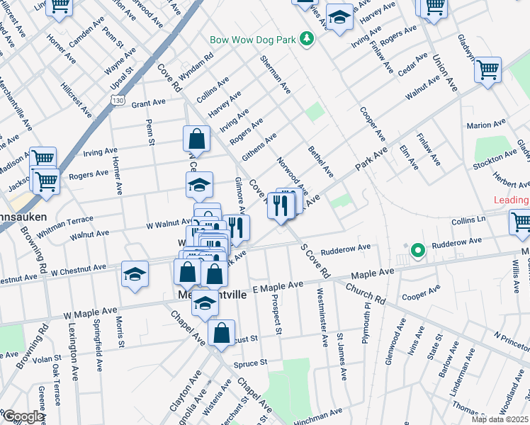 map of restaurants, bars, coffee shops, grocery stores, and more near 137 East Park Avenue in Merchantville