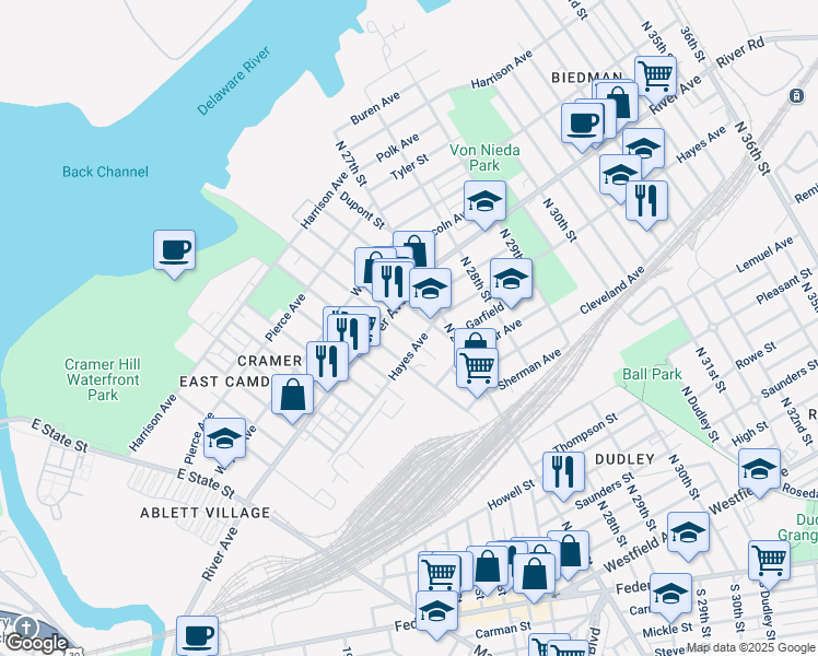 map of restaurants, bars, coffee shops, grocery stores, and more near 917 North 25th Street in Camden