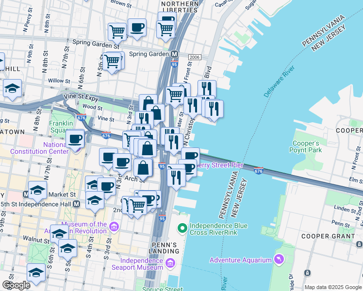 map of restaurants, bars, coffee shops, grocery stores, and more near 235 North Christopher Columbus Boulevard in Philadelphia