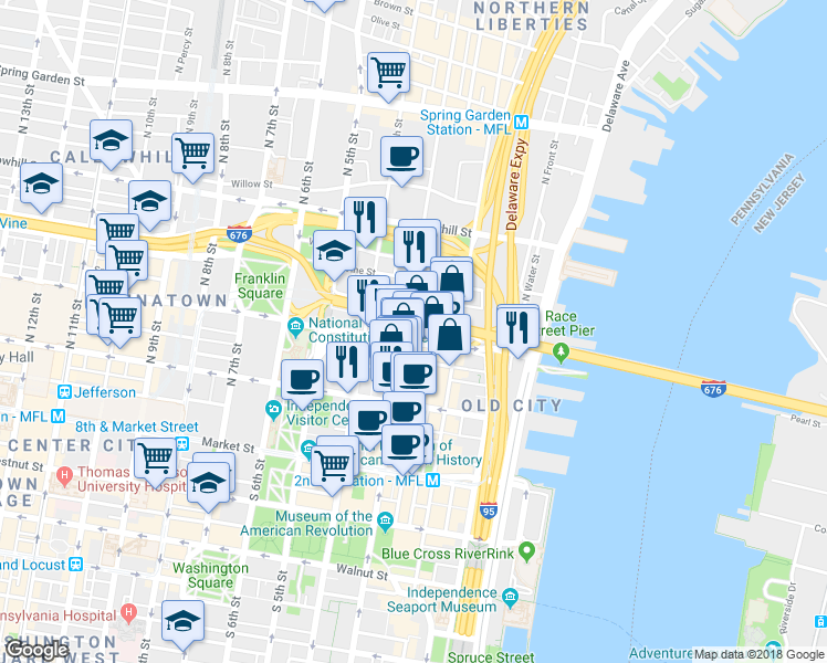 map of restaurants, bars, coffee shops, grocery stores, and more near 225 Race Street in Philadelphia
