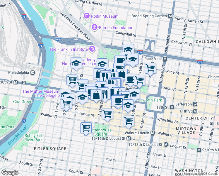 map of restaurants, bars, coffee shops, grocery stores, and more near 1835 Market Street in Philadelphia