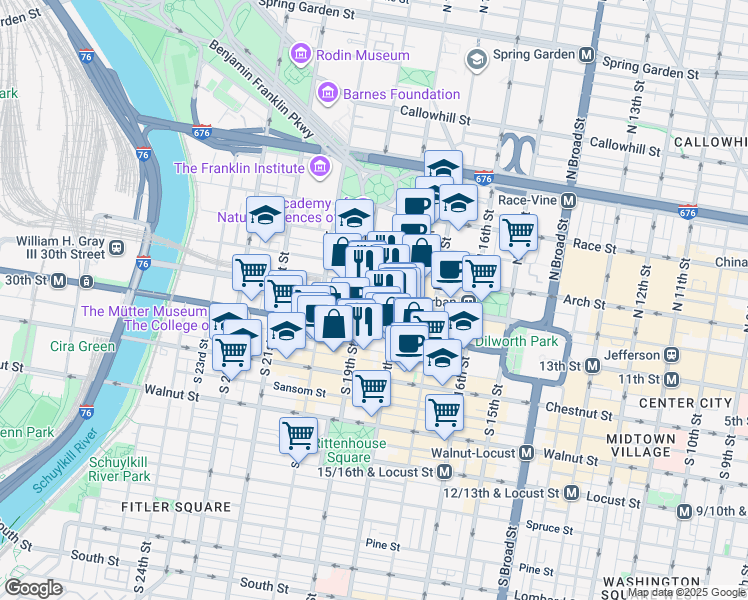 map of restaurants, bars, coffee shops, grocery stores, and more near 1835 Market Street in Philadelphia