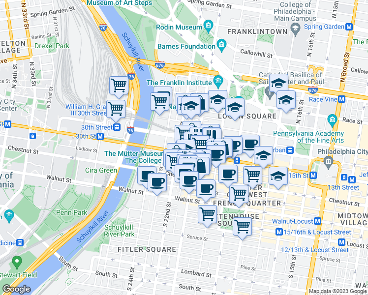 map of restaurants, bars, coffee shops, grocery stores, and more near 2101 Market Street in Philadelphia