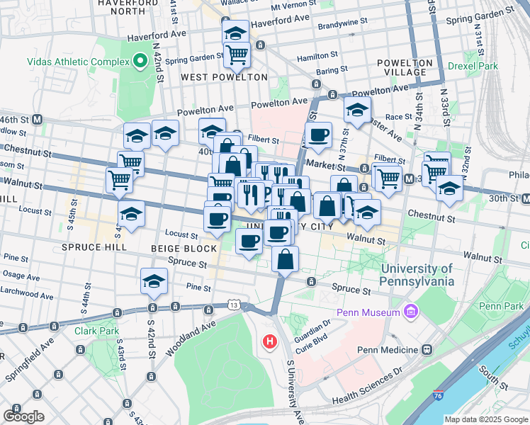 map of restaurants, bars, coffee shops, grocery stores, and more near 3805-7 Walnut Street in Philadelphia