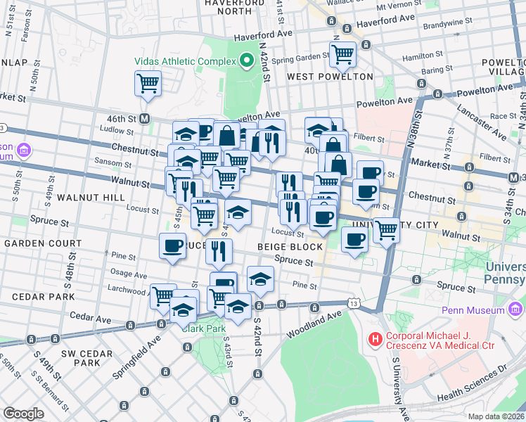 map of restaurants, bars, coffee shops, grocery stores, and more near 206 South 42nd Street in Philadelphia