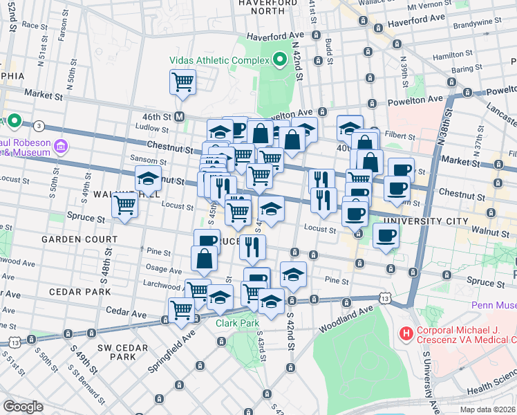 map of restaurants, bars, coffee shops, grocery stores, and more near in Philadelphia
