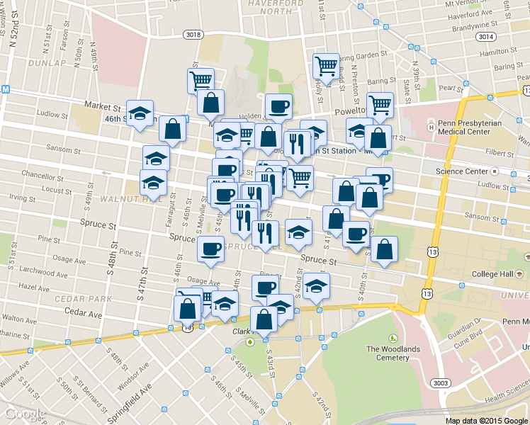 map of restaurants, bars, coffee shops, grocery stores, and more near 4231 Locust St in Philadelphia