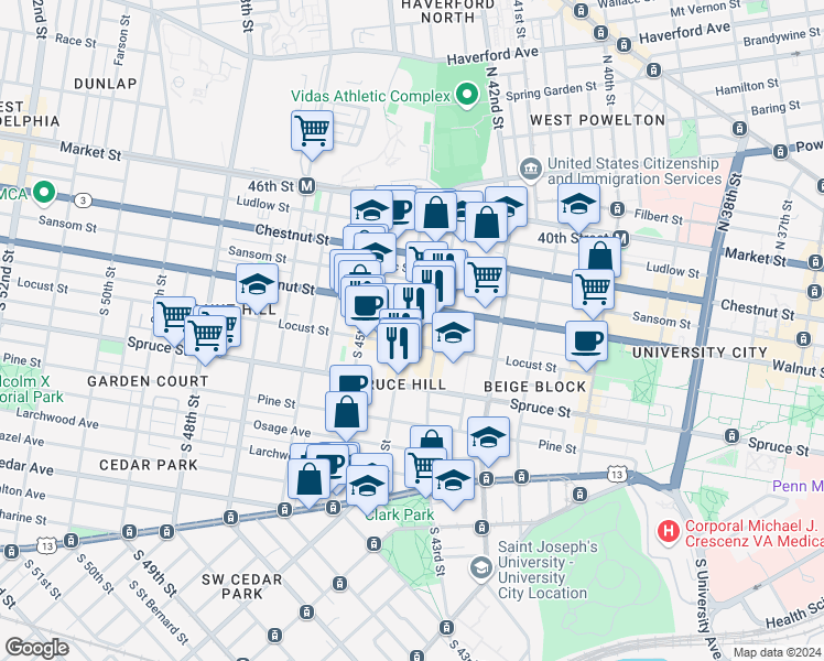 map of restaurants, bars, coffee shops, grocery stores, and more near in Philadelphia