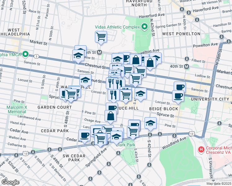 map of restaurants, bars, coffee shops, grocery stores, and more near 4426 Locust Street in Philadelphia