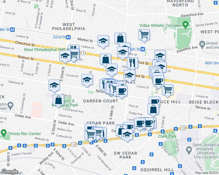 map of restaurants, bars, coffee shops, grocery stores, and more near 4801 Spruce Street in Philadelphia