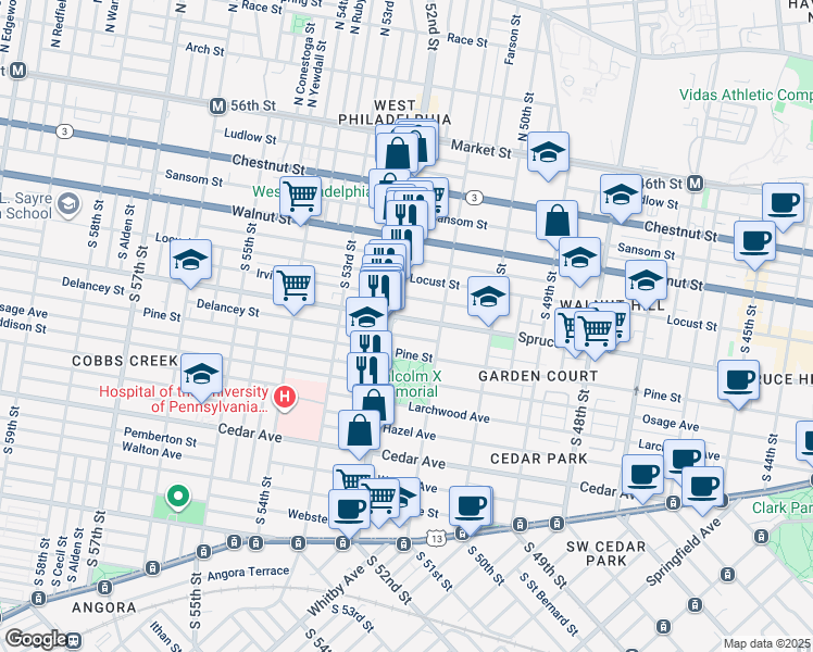 map of restaurants, bars, coffee shops, grocery stores, and more near 5127 Delancey Street in Philadelphia