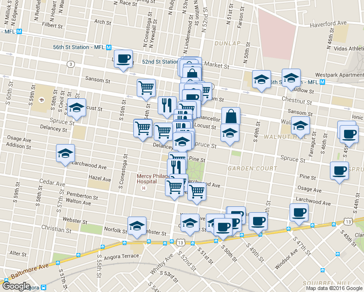 map of restaurants, bars, coffee shops, grocery stores, and more near in Philadelphia