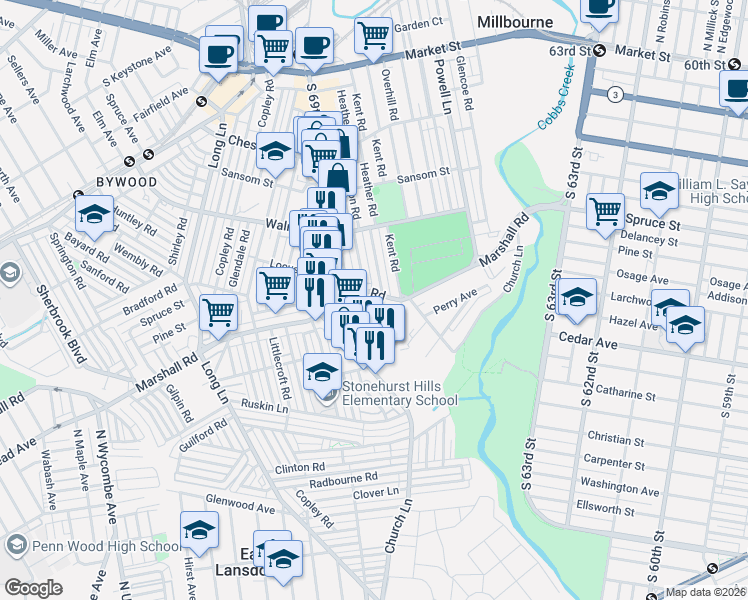 map of restaurants, bars, coffee shops, grocery stores, and more near 6838 Marshall Road in Delaware County