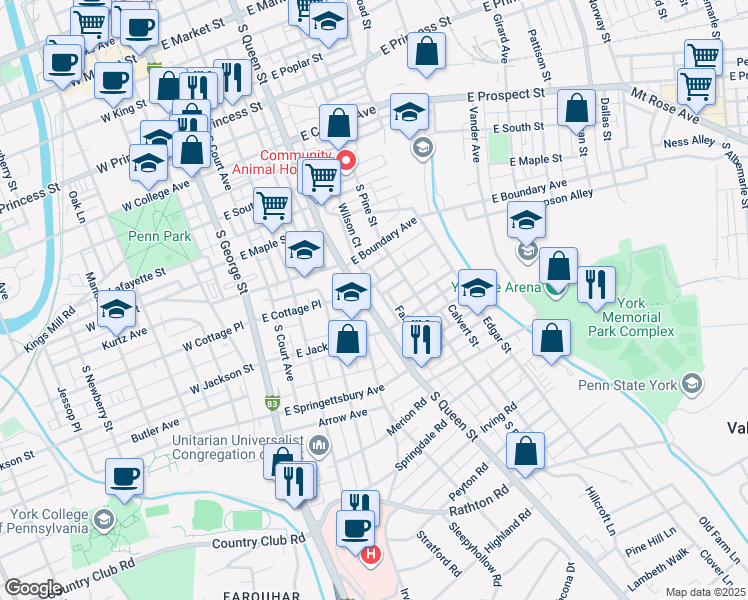 map of restaurants, bars, coffee shops, grocery stores, and more near 733 South Queen Street in York